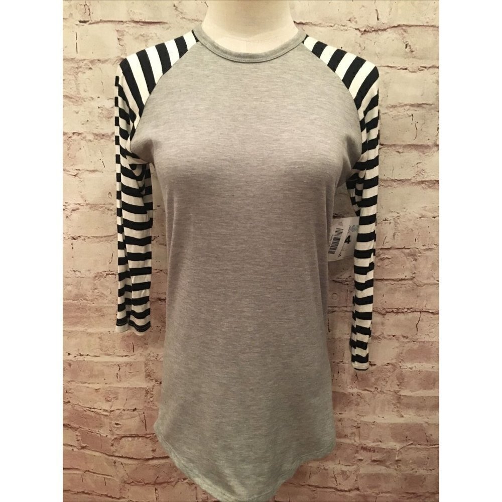 LuLaRoe RANDY Baseball Raglan Tee Shirt Gray Black White Stripe   Size XXS NEW